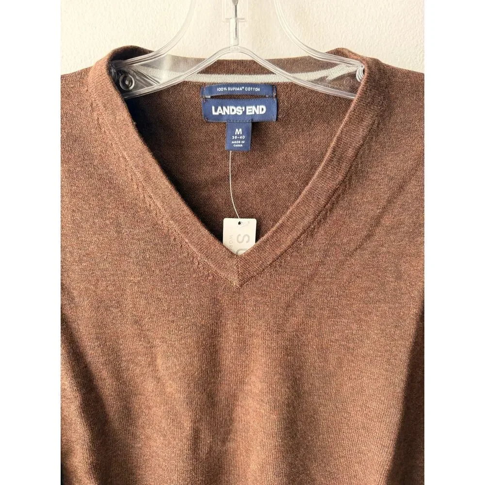 Lands End Mens Brown V-Neck Sweater Supima Cotton Retro Preppy Grunge Knit Top M